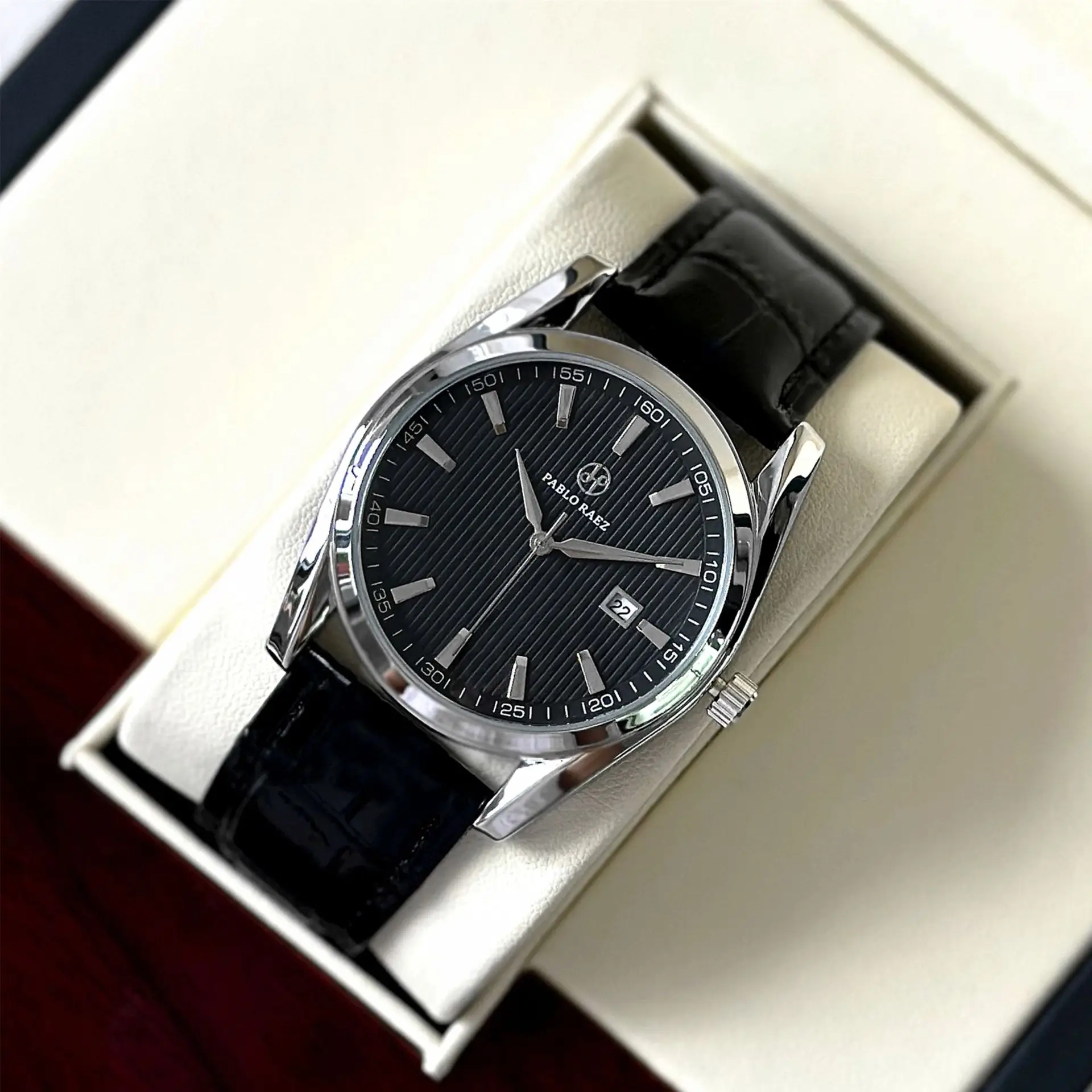 Men's Waterproof Black Dial Analog Watch with Leather Strap - Image 6