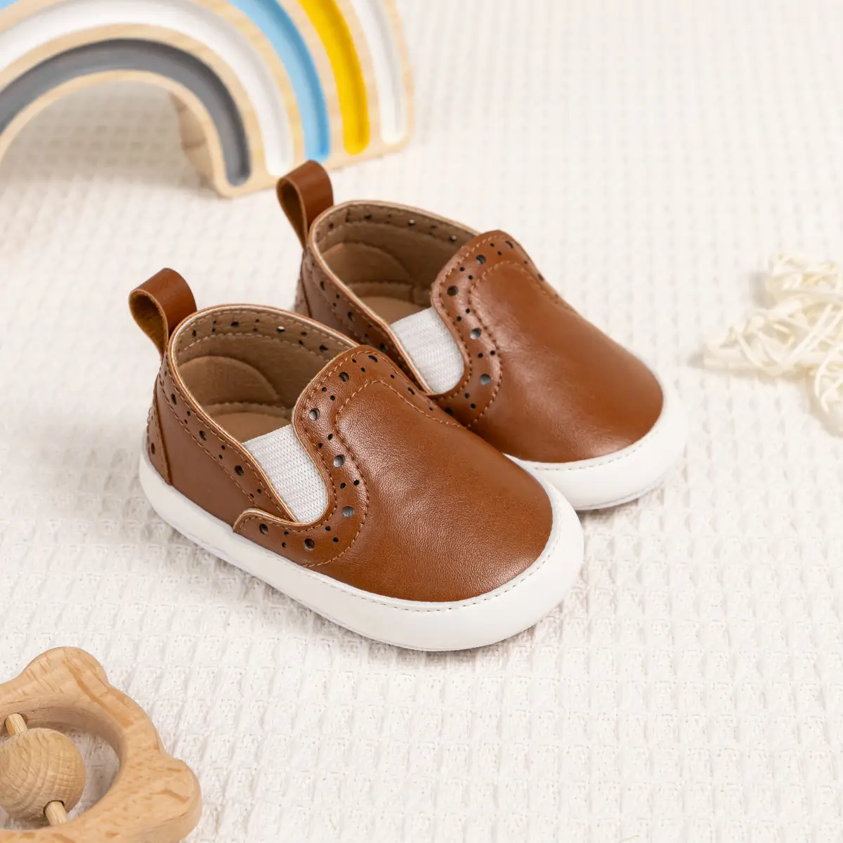 Brown Leather Slip-on Toddler Shoes with White Sole