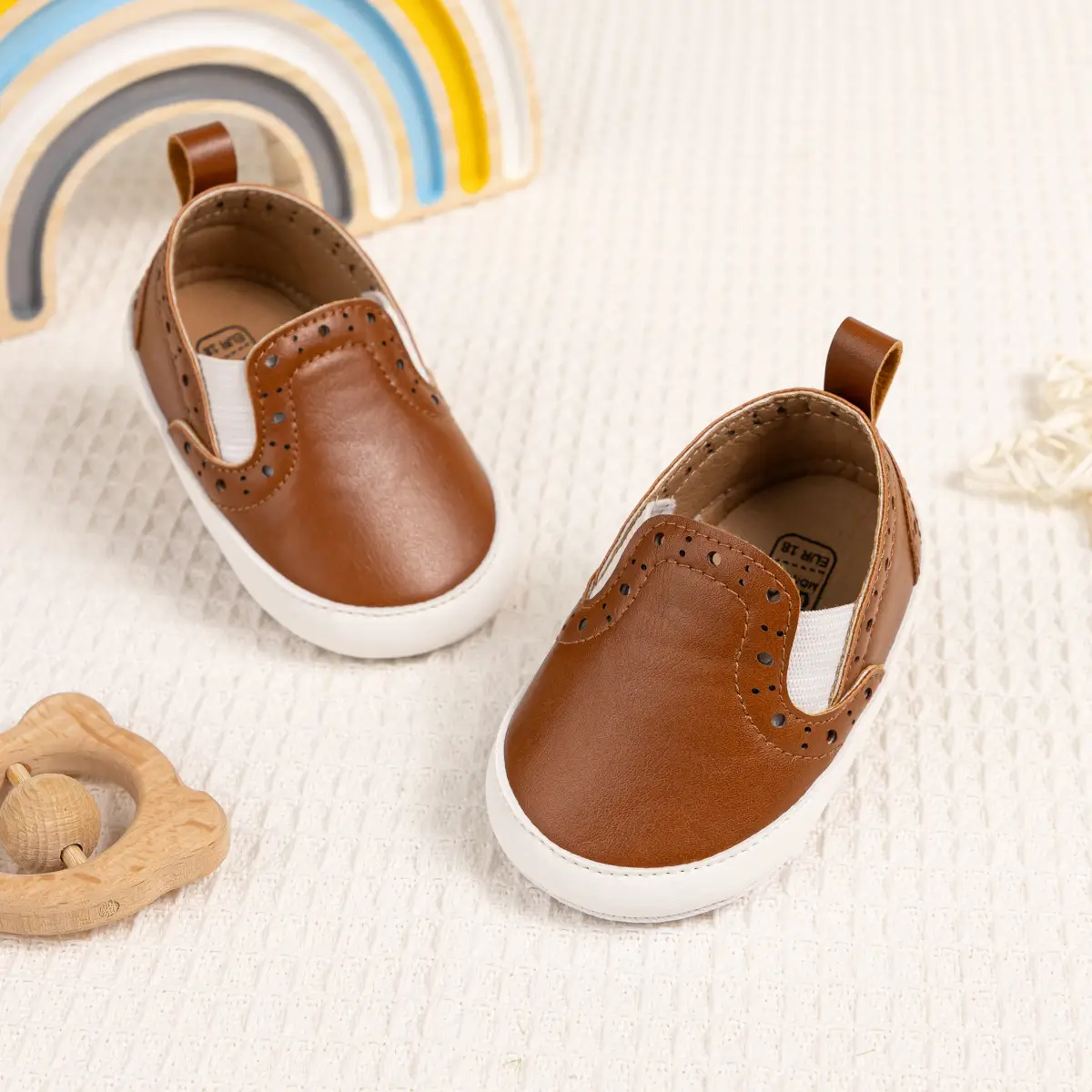 Brown Leather Slip-on Toddler Shoes with White Sole