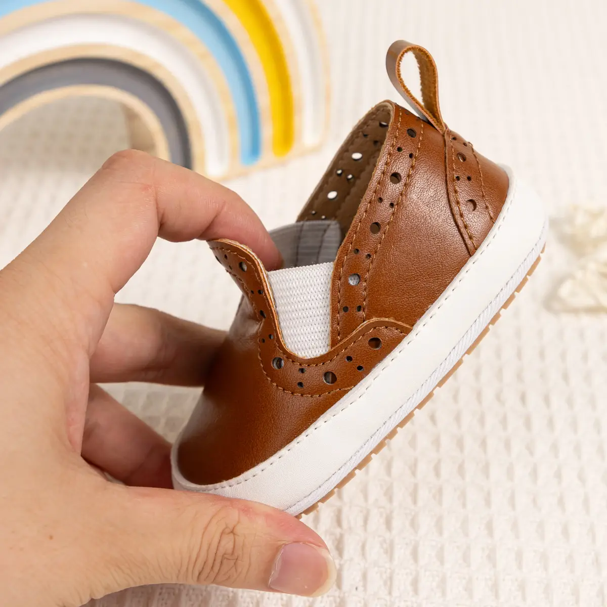 Brown Leather Slip-on Toddler Shoes with White Sole — feature 12