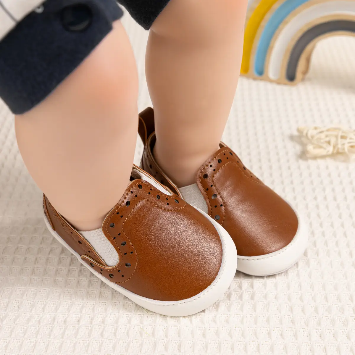Brown Leather Slip-on Toddler Shoes with White Sole — feature 13