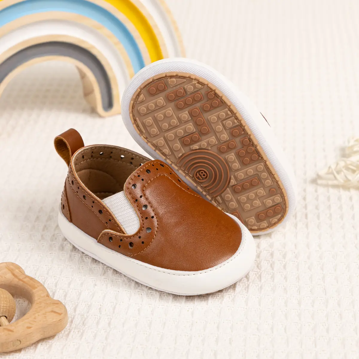 Brown Leather Slip-on Toddler Shoes with White Sole — feature 5