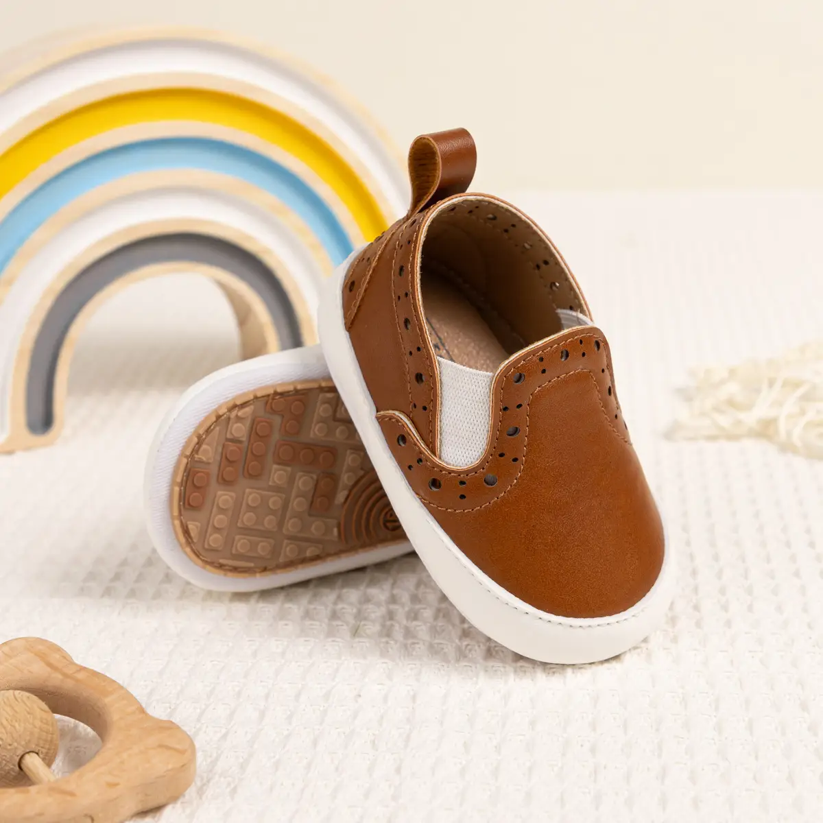 Brown Leather Slip-on Toddler Shoes with White Sole — feature 7