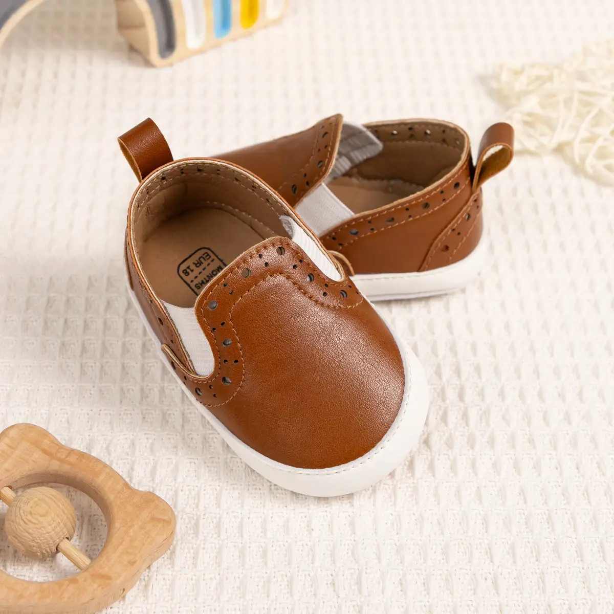 Brown Leather Slip-on Toddler Shoes with White Sole — feature 8