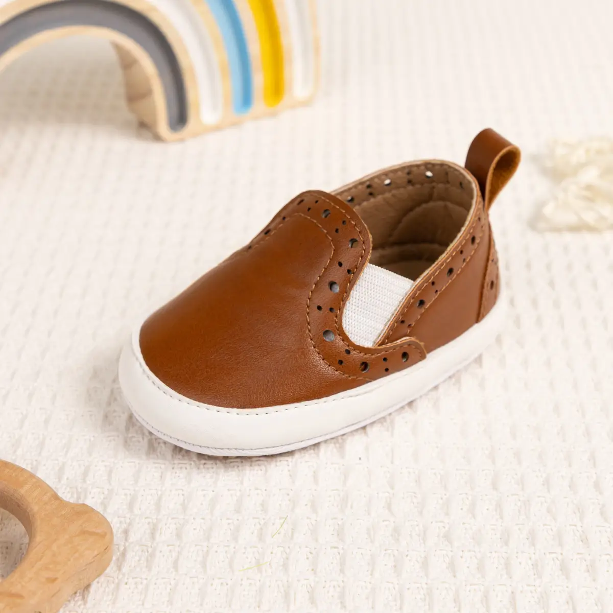 Brown Leather Slip-on Toddler Shoes with White Sole — feature 9