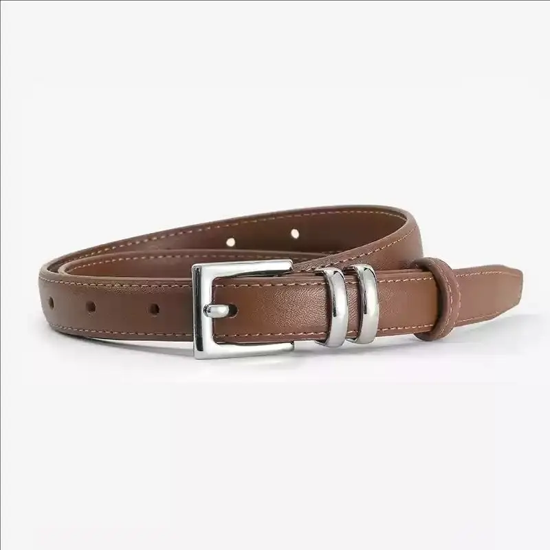 Women Genuine Leather Belt Brown Silver Buckle 2024 - Image 2