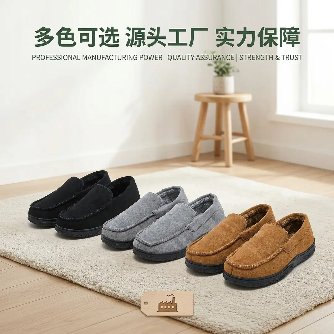 Cross-Border Wholesale Men's Mark Shoes, Warm and Suitable for Outdoor Wear, with Added Fleece, Non-Slip, Thickened Business Cotton Slippers, Non-Slip, Thickened, and Fleece-Lined