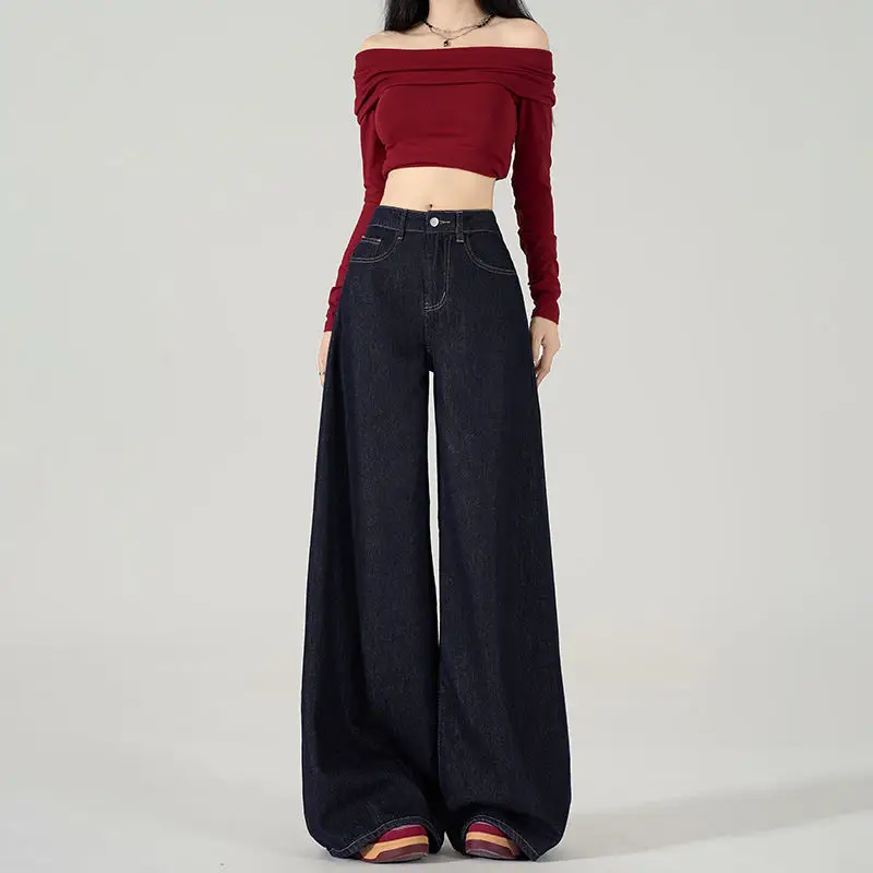 Dark Blue Wide Leg Jeans Women 2024 Spring Autumn
