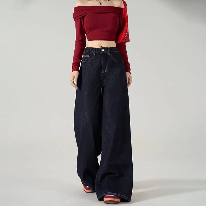 Dark Blue Wide Leg Jeans Women 2024 Spring Autumn