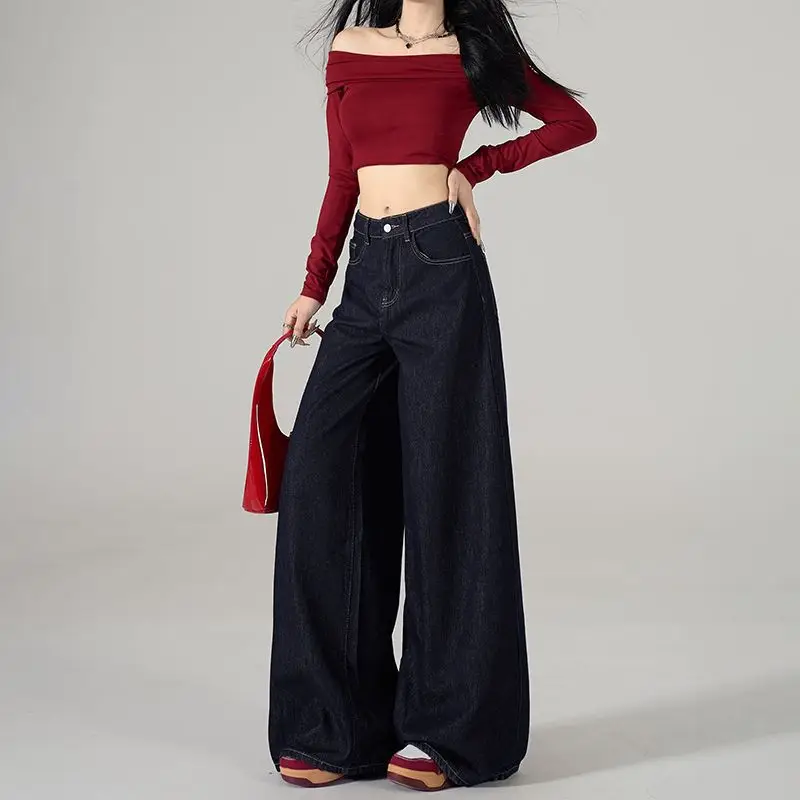 Dark Blue Wide Leg Jeans Women 2024 Spring Autumn