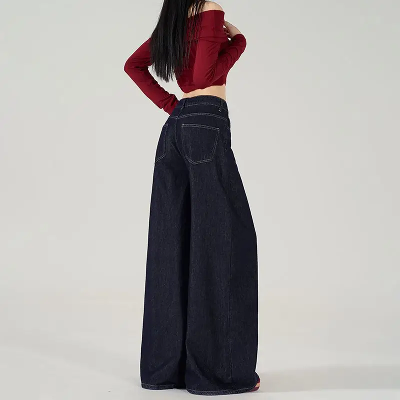 Dark Blue Wide Leg Jeans Women 2024 Spring Autumn