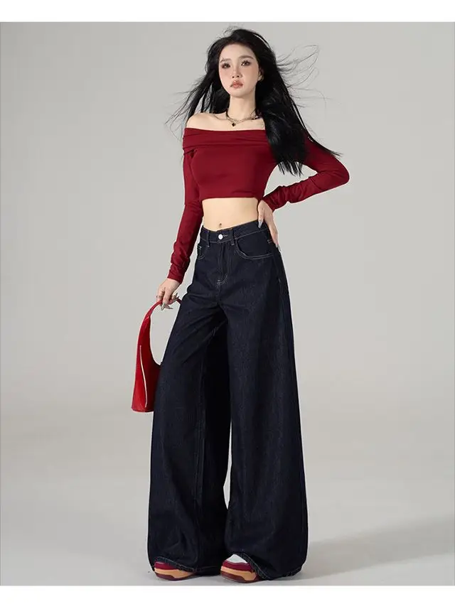 Dark Blue Wide Leg Jeans Women 2024 Spring Autumn — feature 12