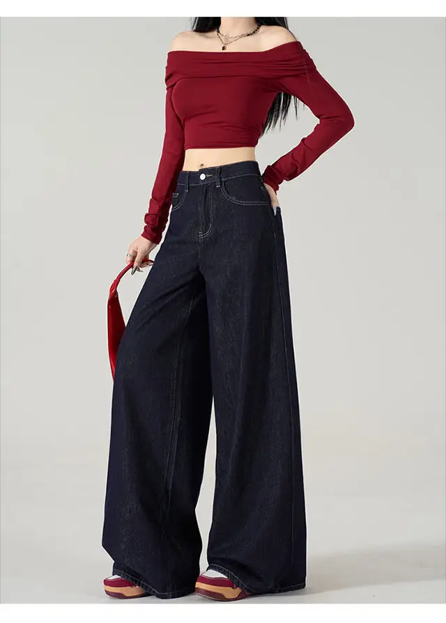 Dark Blue Wide Leg Jeans Women 2024 Spring Autumn — feature 15