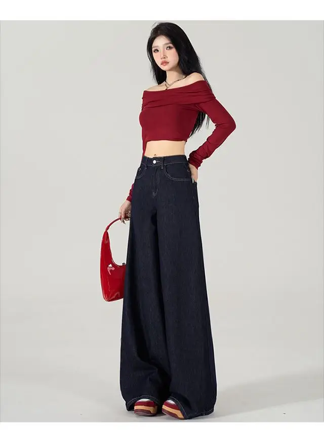 Dark Blue Wide Leg Jeans Women 2024 Spring Autumn — feature 9