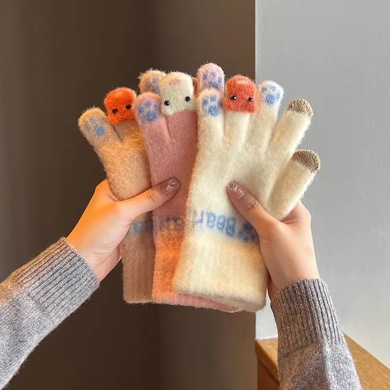 Cute Plush Gloves Women's Winter Thickened Warm Touchscreen Knitted Wool Cycling Cold-proof Finger Winter for Students