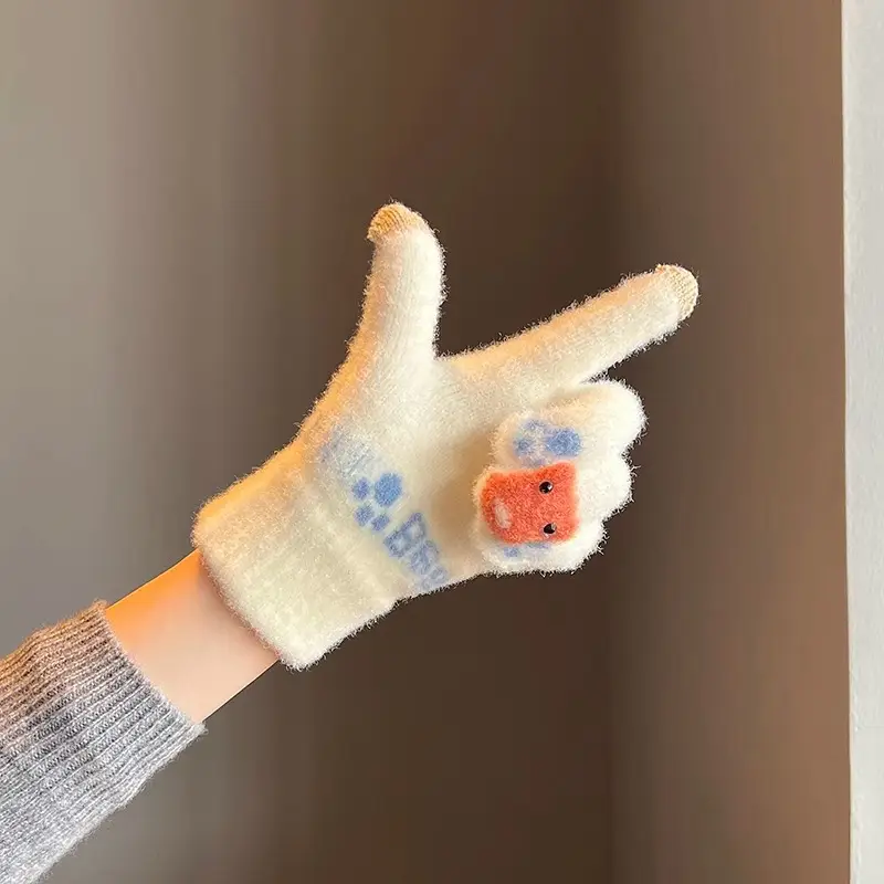 Cute Plush Gloves Women's Winter Thickened Warm Touchscreen Knitted Wool Cycling Cold-proof Finger Winter for Students