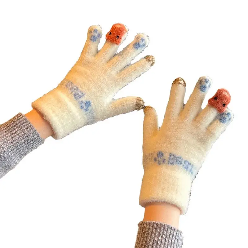 Cute Plush Gloves Women's Winter Thickened Warm Touchscreen Knitted Wool Cycling Cold-proof Finger Winter for Students