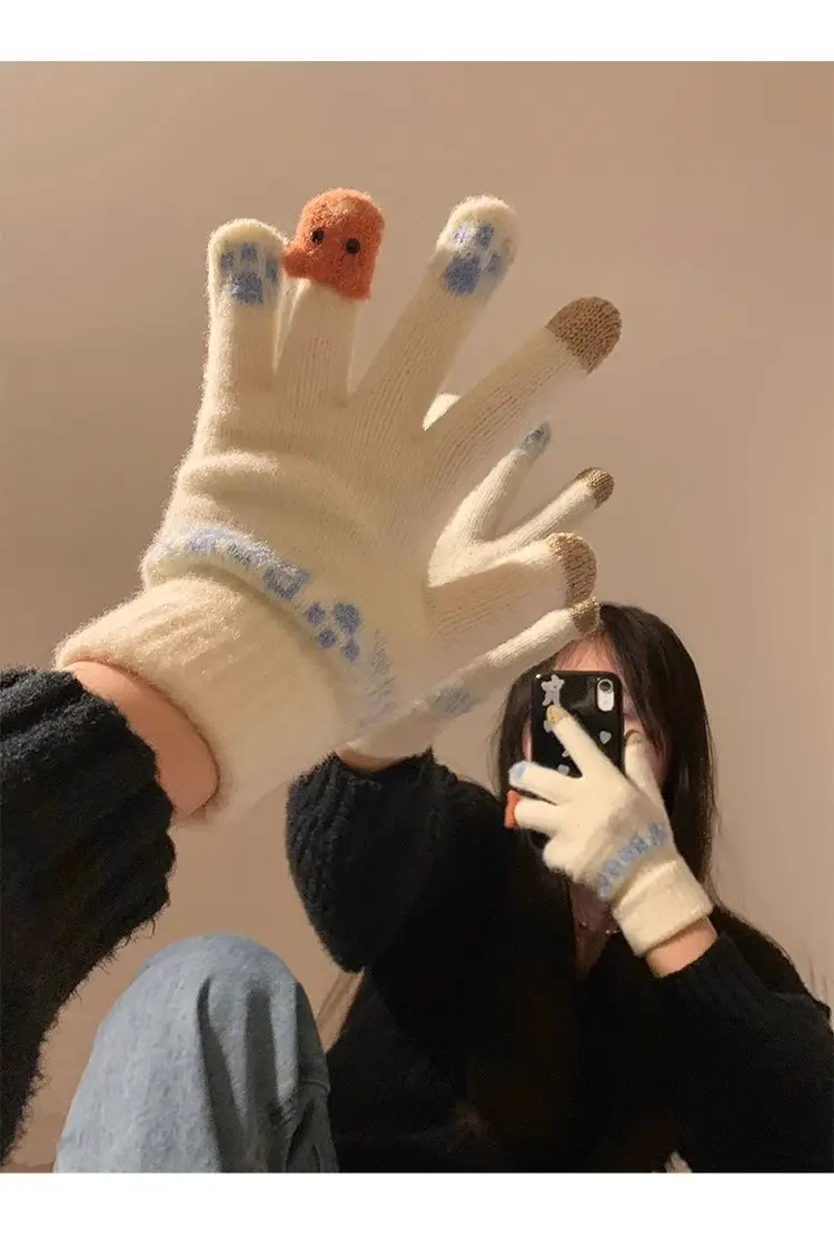 Cute Plush Gloves Women's Winter Thickened Warm Touchscreen Knitted Wool Cycling Cold-proof Finger Winter for Students — feature 10