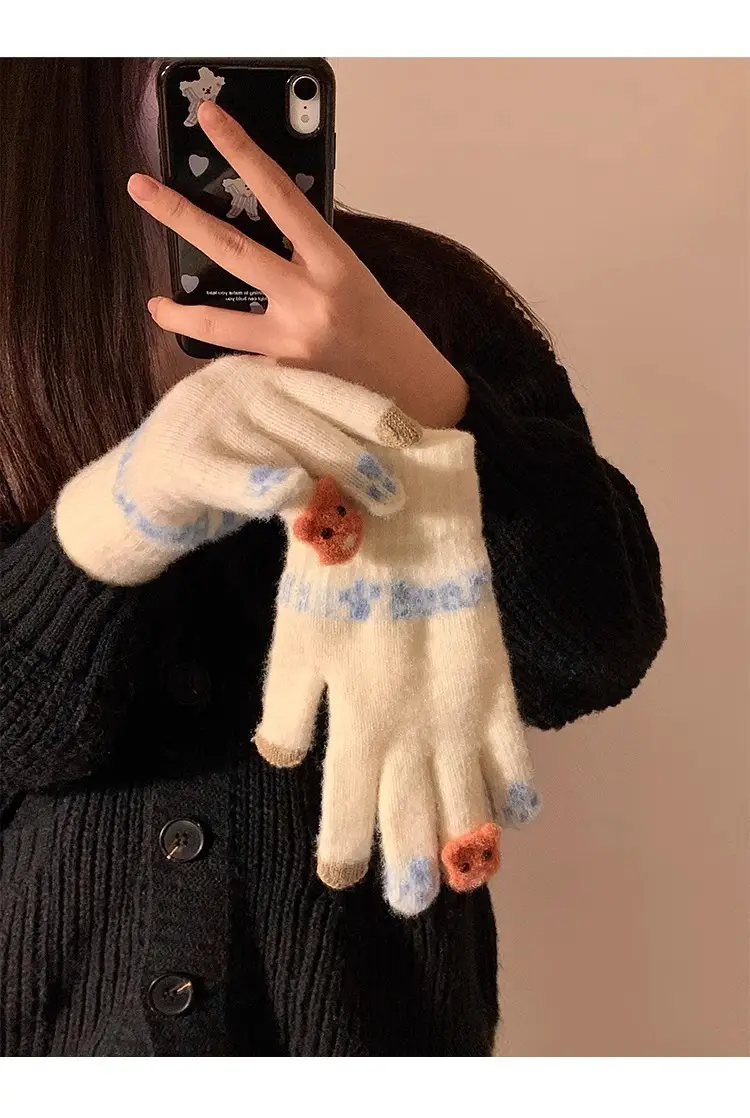 Cute Plush Gloves Women's Winter Thickened Warm Touchscreen Knitted Wool Cycling Cold-proof Finger Winter for Students — feature 12
