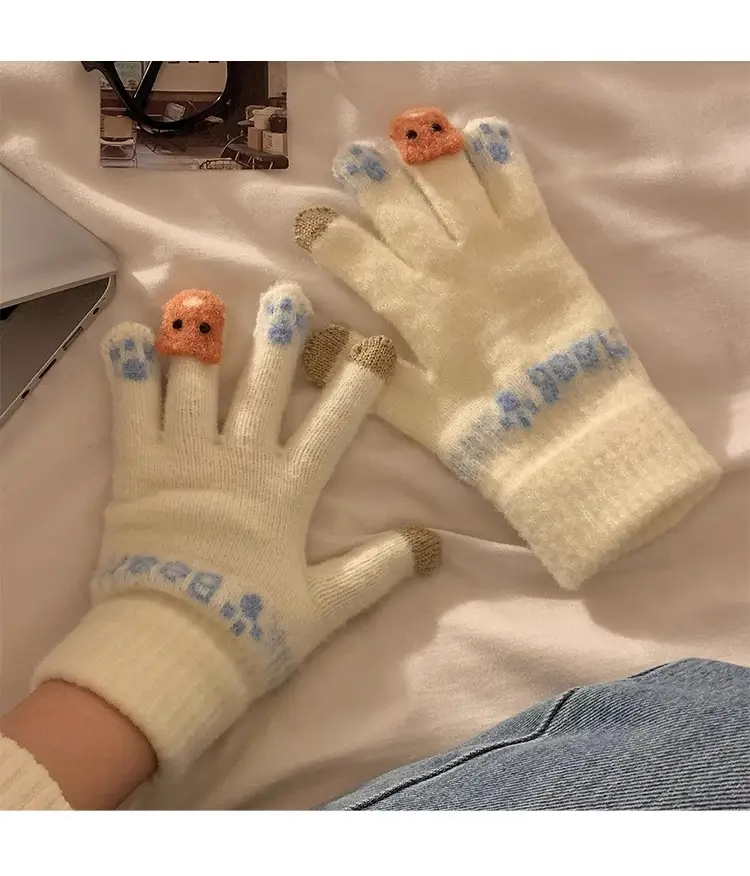Cute Plush Gloves Women's Winter Thickened Warm Touchscreen Knitted Wool Cycling Cold-proof Finger Winter for Students — feature 13