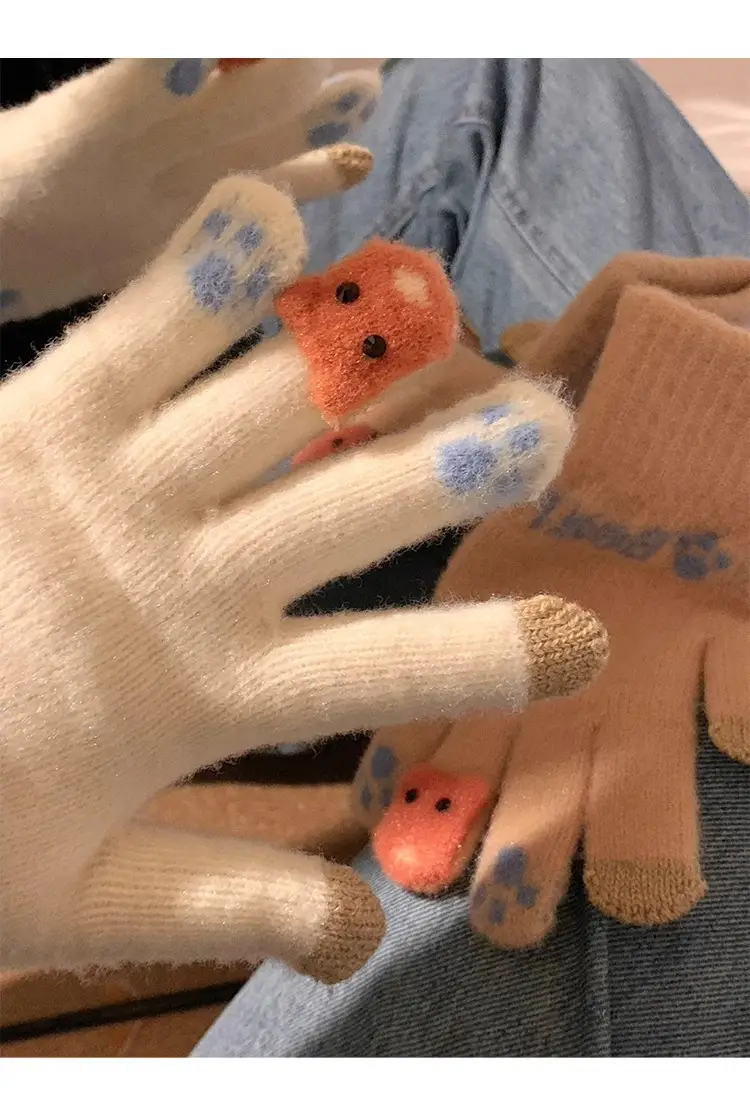 Cute Plush Gloves Women's Winter Thickened Warm Touchscreen Knitted Wool Cycling Cold-proof Finger Winter for Students — feature 14