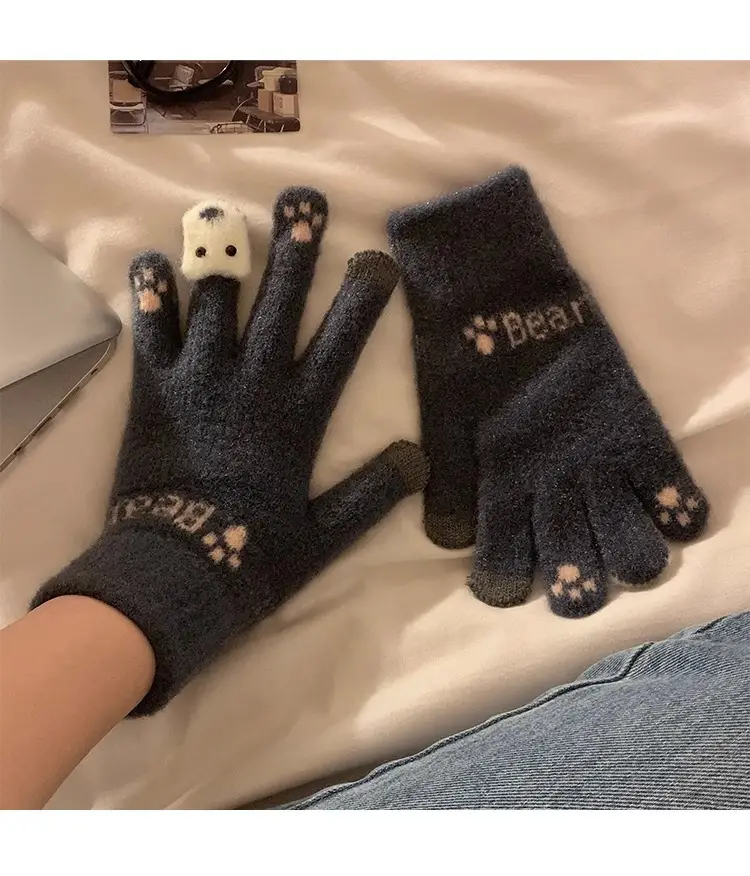 Cute Plush Gloves Women's Winter Thickened Warm Touchscreen Knitted Wool Cycling Cold-proof Finger Winter for Students — feature 16