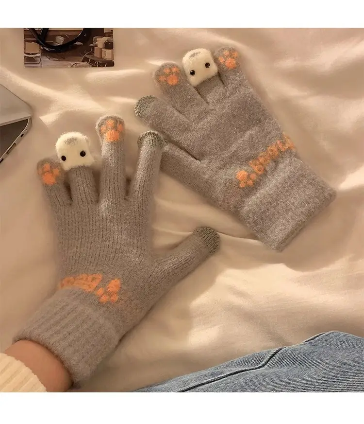 Cute Plush Gloves Women's Winter Thickened Warm Touchscreen Knitted Wool Cycling Cold-proof Finger Winter for Students — feature 17