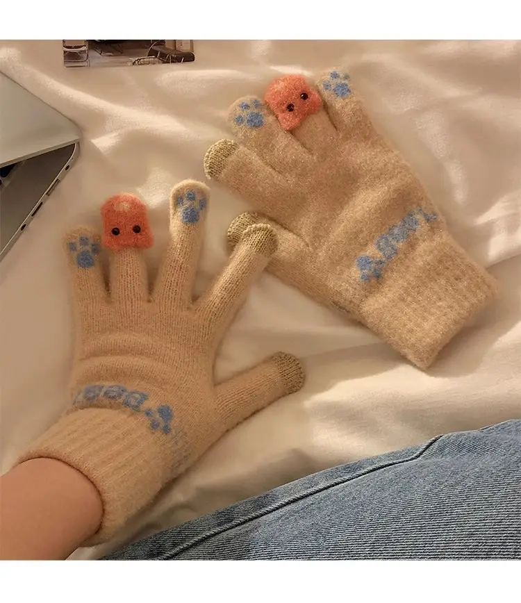 Cute Plush Gloves Women's Winter Thickened Warm Touchscreen Knitted Wool Cycling Cold-proof Finger Winter for Students — feature 18