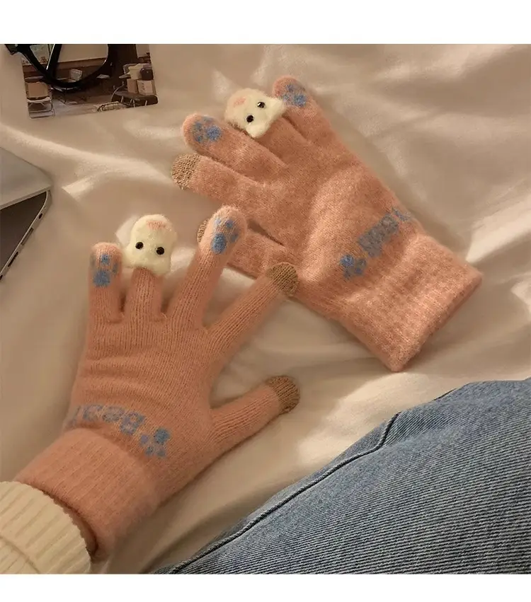 Cute Plush Gloves Women's Winter Thickened Warm Touchscreen Knitted Wool Cycling Cold-proof Finger Winter for Students — feature 19