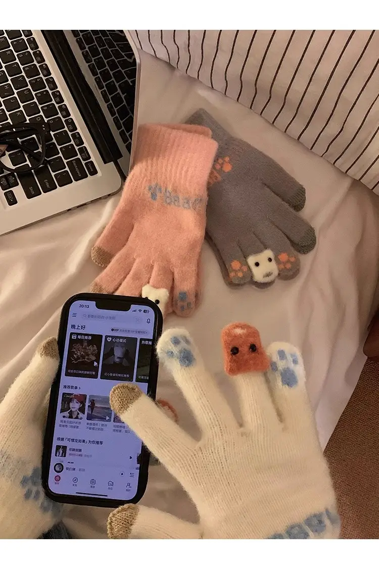 Cute Plush Gloves Women's Winter Thickened Warm Touchscreen Knitted Wool Cycling Cold-proof Finger Winter for Students — feature 7