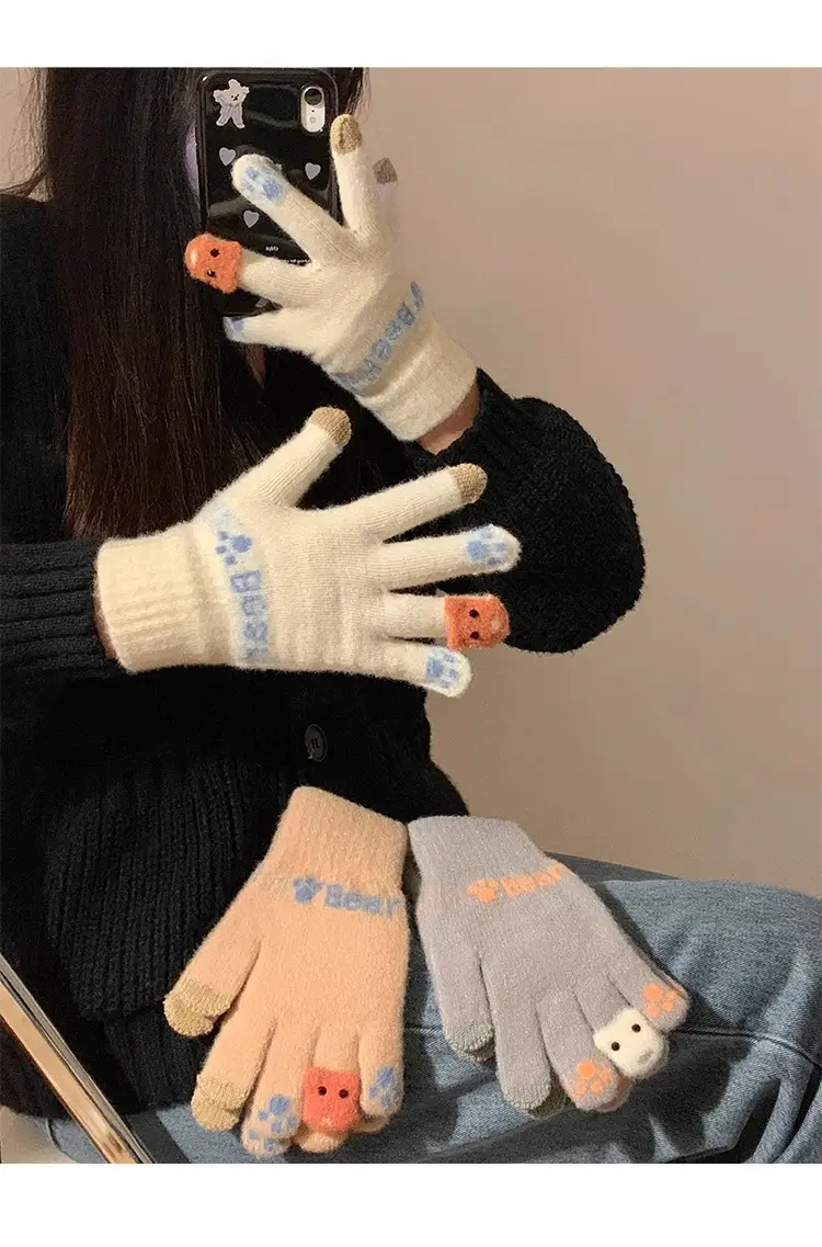Cute Plush Gloves Women's Winter Thickened Warm Touchscreen Knitted Wool Cycling Cold-proof Finger Winter for Students — feature 8