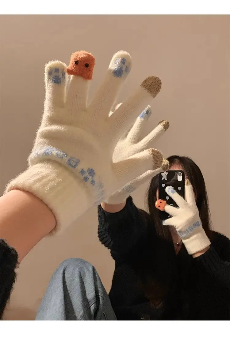 Cute Plush Gloves Women's Winter Thickened Warm Touchscreen Knitted Wool Cycling Cold-proof Finger Winter for Students — feature 9