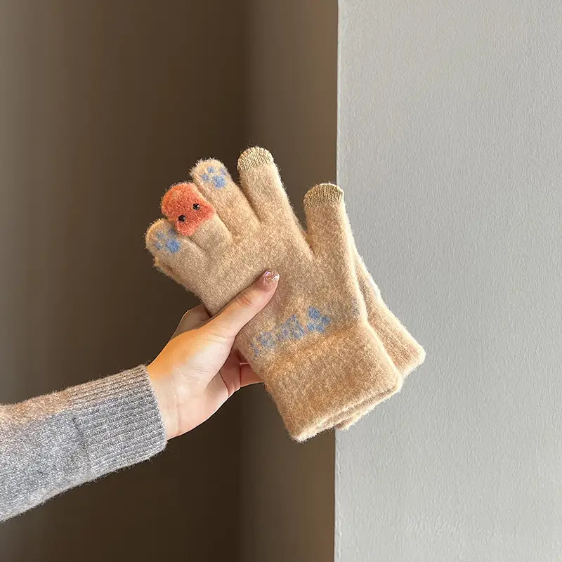 Cute Plush Gloves Women's Winter Thickened Warm Touchscreen Knitted Wool Cycling Cold-proof Finger Winter for Students