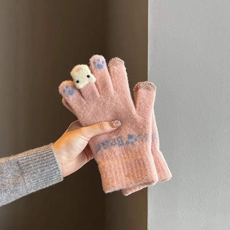 Cute Plush Gloves Women's Winter Thickened Warm Touchscreen Knitted Wool Cycling Cold-proof Finger Winter for Students