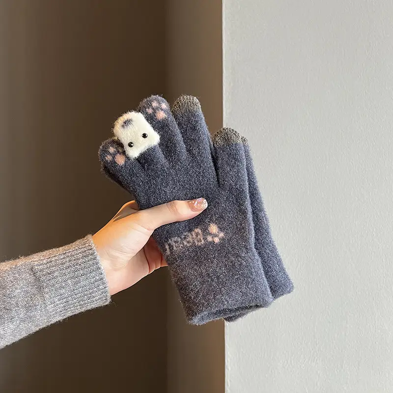 Cute Plush Gloves Women's Winter Thickened Warm Touchscreen Knitted Wool Cycling Cold-proof Finger Winter for Students