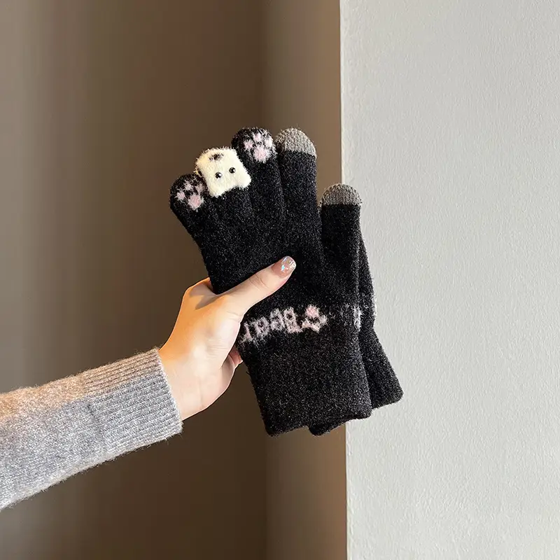 Cute Plush Gloves Women's Winter Thickened Warm Touchscreen Knitted Wool Cycling Cold-proof Finger Winter for Students