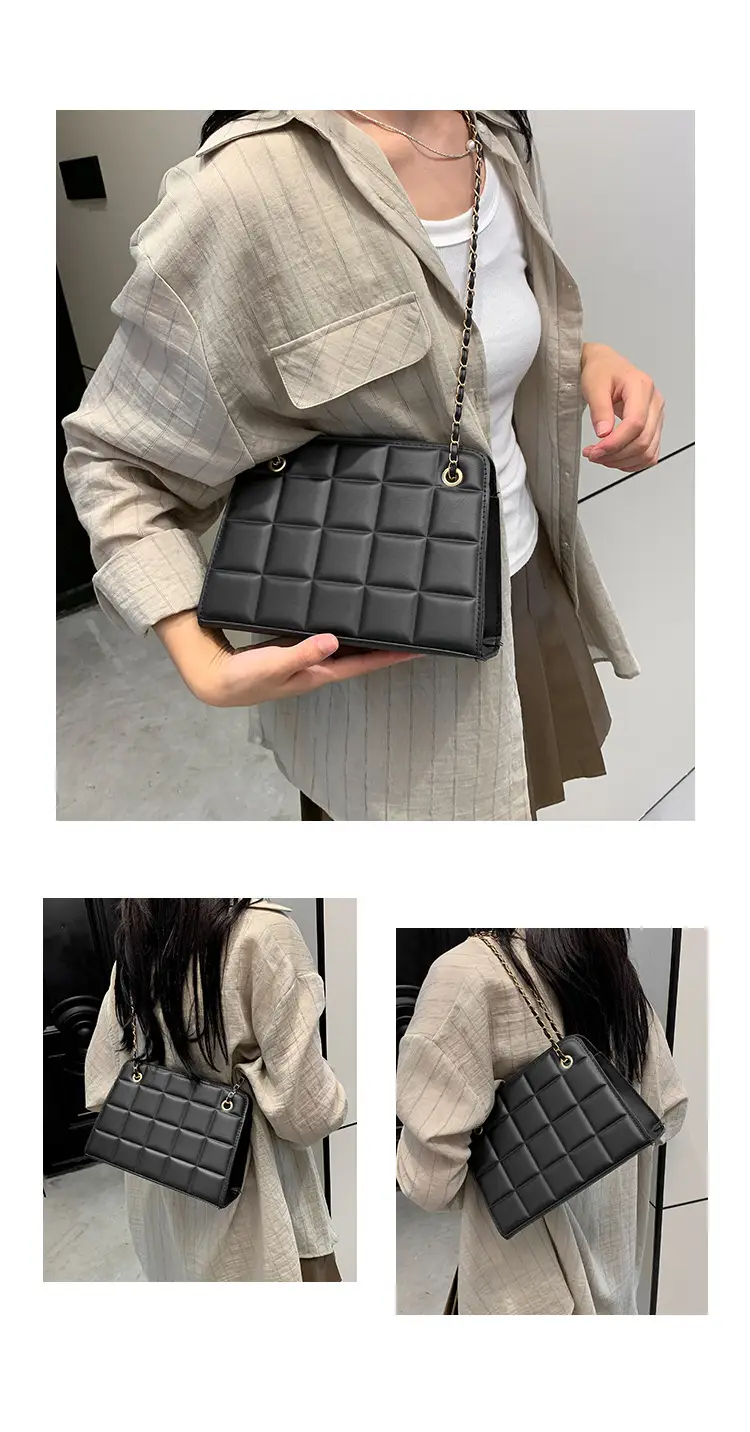 Black Chain Shoulder Bag with Square Quilted Design — feature 15