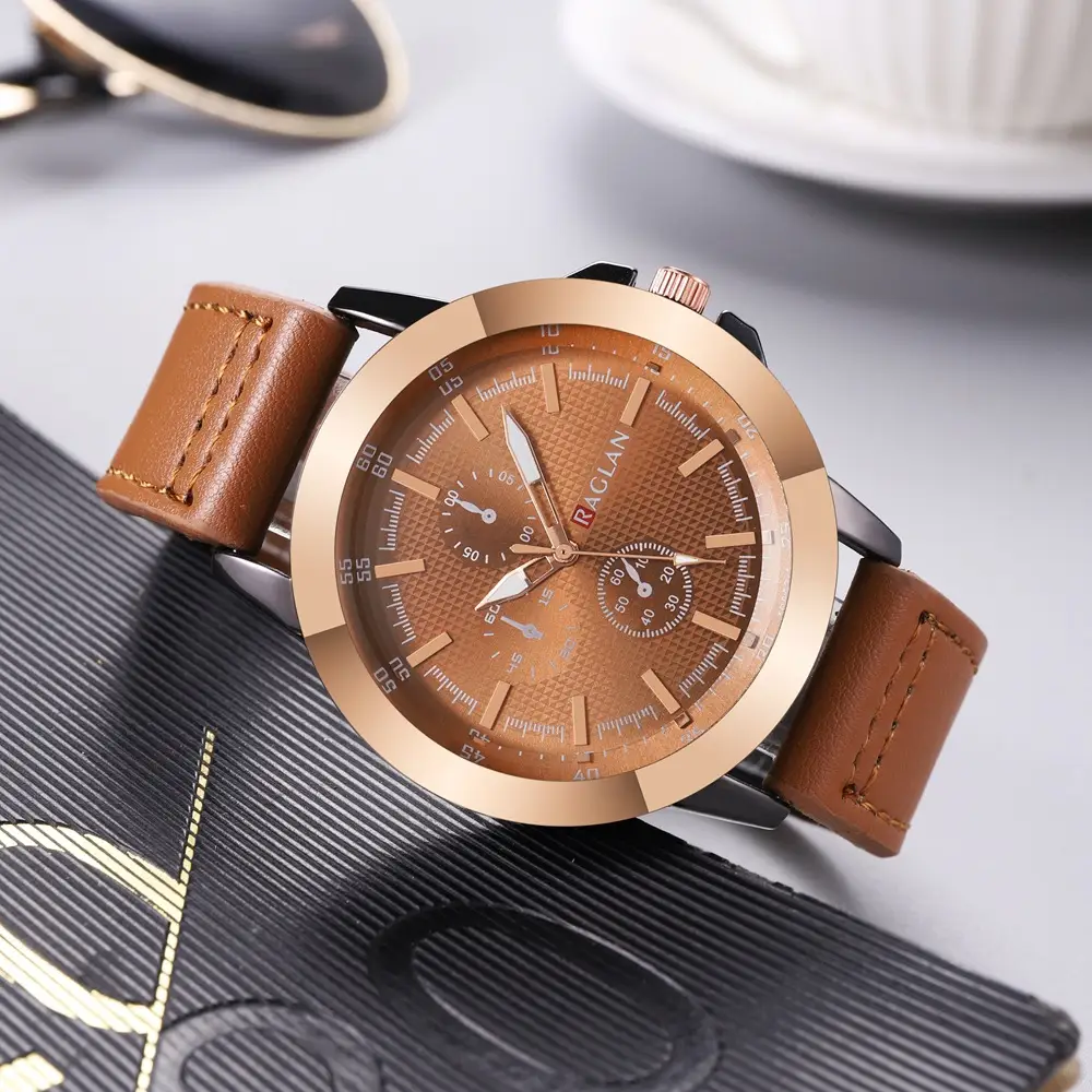 European & American Men's Quartz Watch with Brown Leather Strap — feature 4