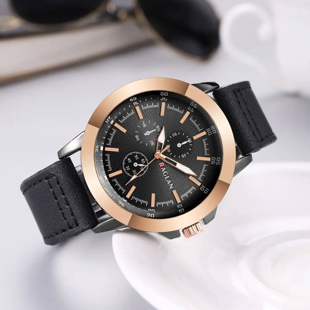 European & American Men's Quartz Watch with Brown Leather Strap — feature 5