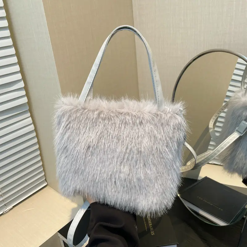 Black Faux Fur Shoulder Bag for Women - Image 6