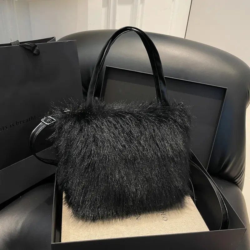 Black Faux Fur Shoulder Bag for Women - Image 7