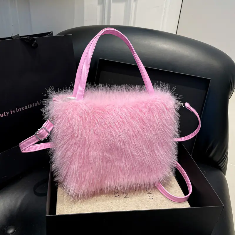 Black Faux Fur Shoulder Bag for Women - Image 9
