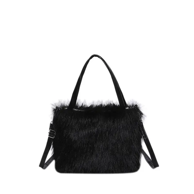 Black Faux Fur Shoulder Bag for Women - Image 10