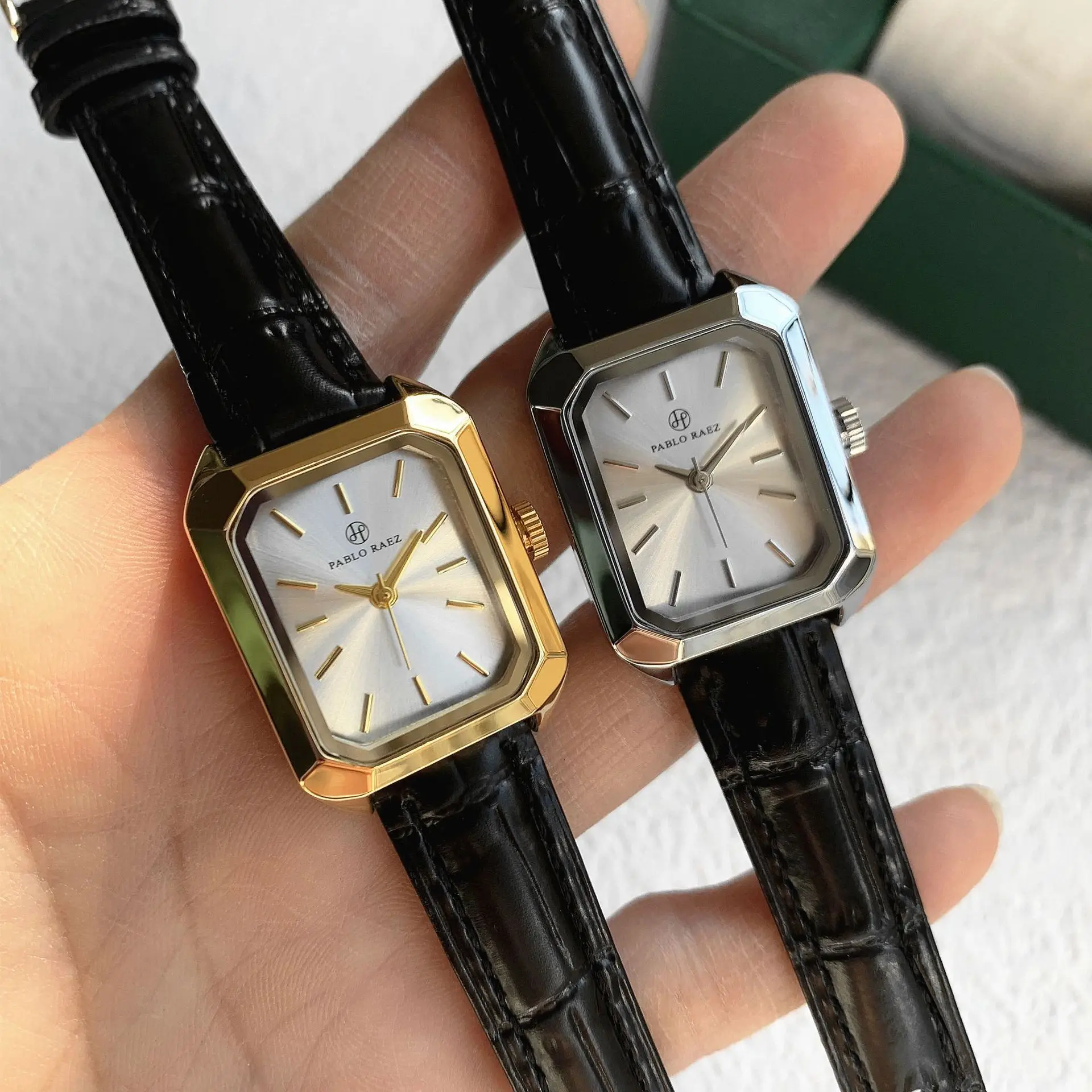 Women's Square Watch Gold Black Leather Quartz Wristwatch - Image 5