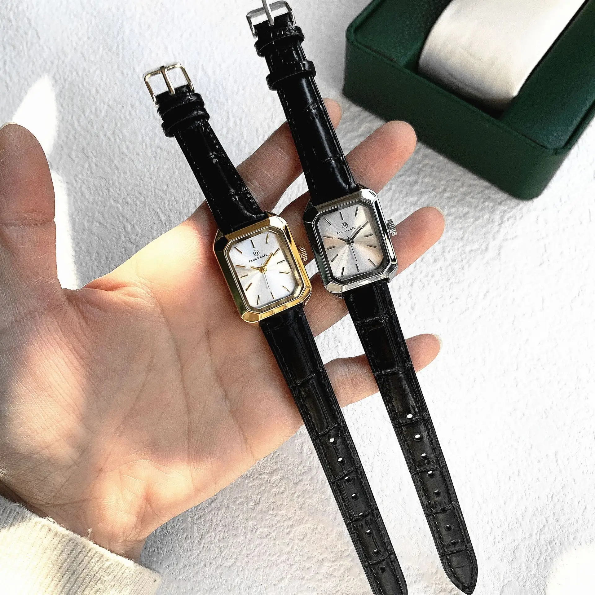 Women's Square Watch Gold Black Leather Quartz Wristwatch - Image 8