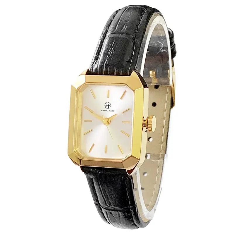 Women's Square Watch Gold Black Leather Quartz Wristwatch - Image 9