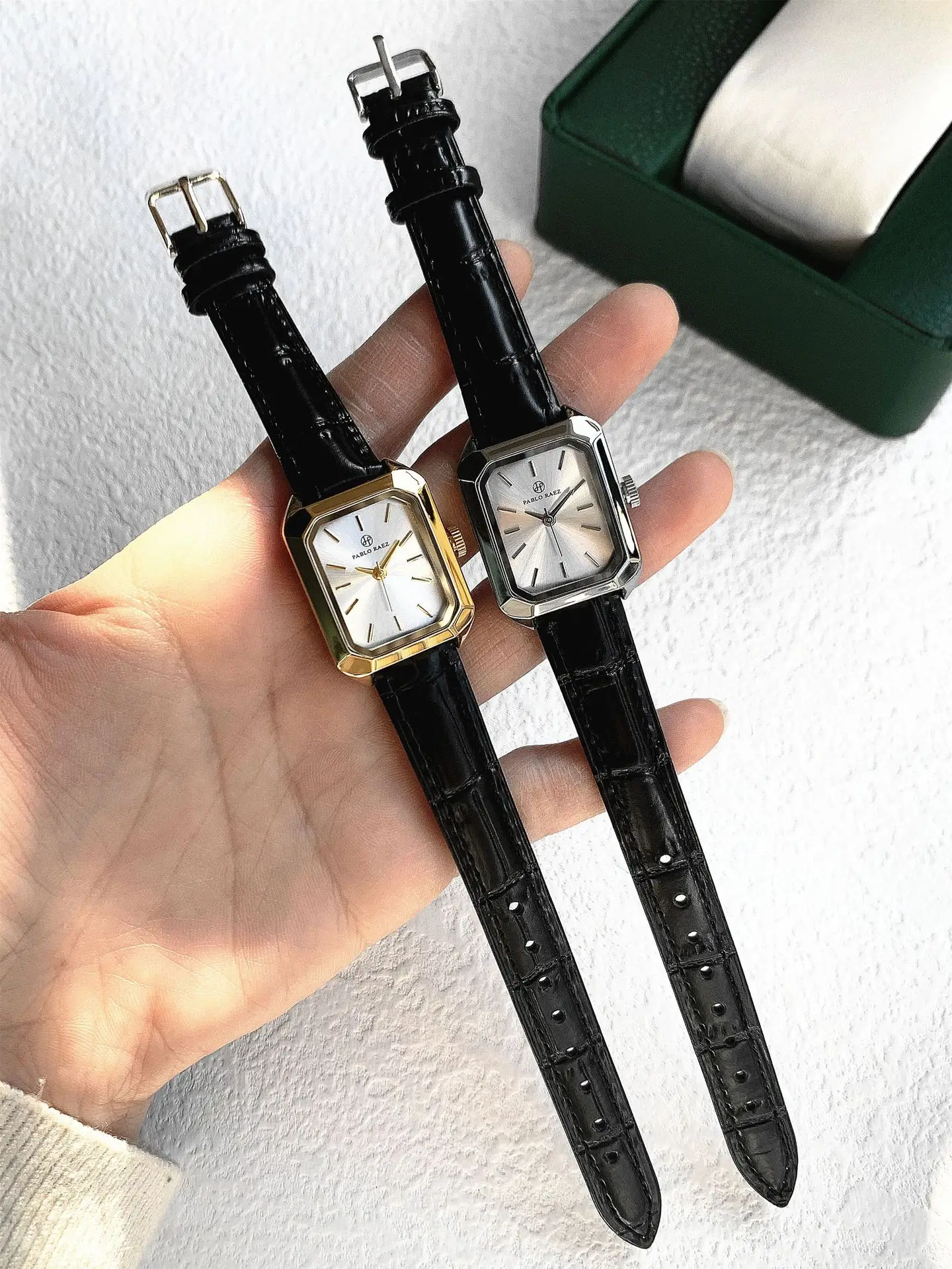Women's Square Watch Gold Black Leather Quartz Wristwatch — feature 10