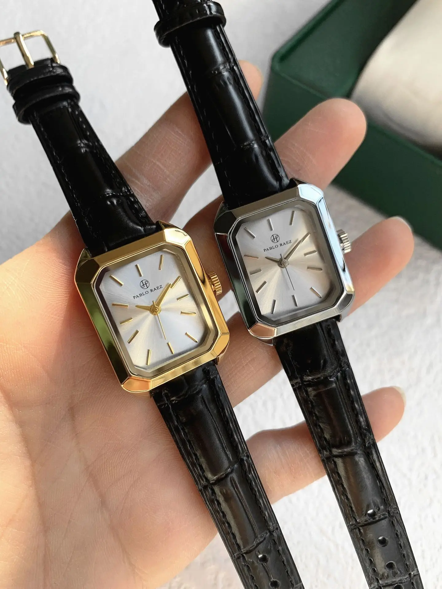Women's Square Watch Gold Black Leather Quartz Wristwatch — feature 13