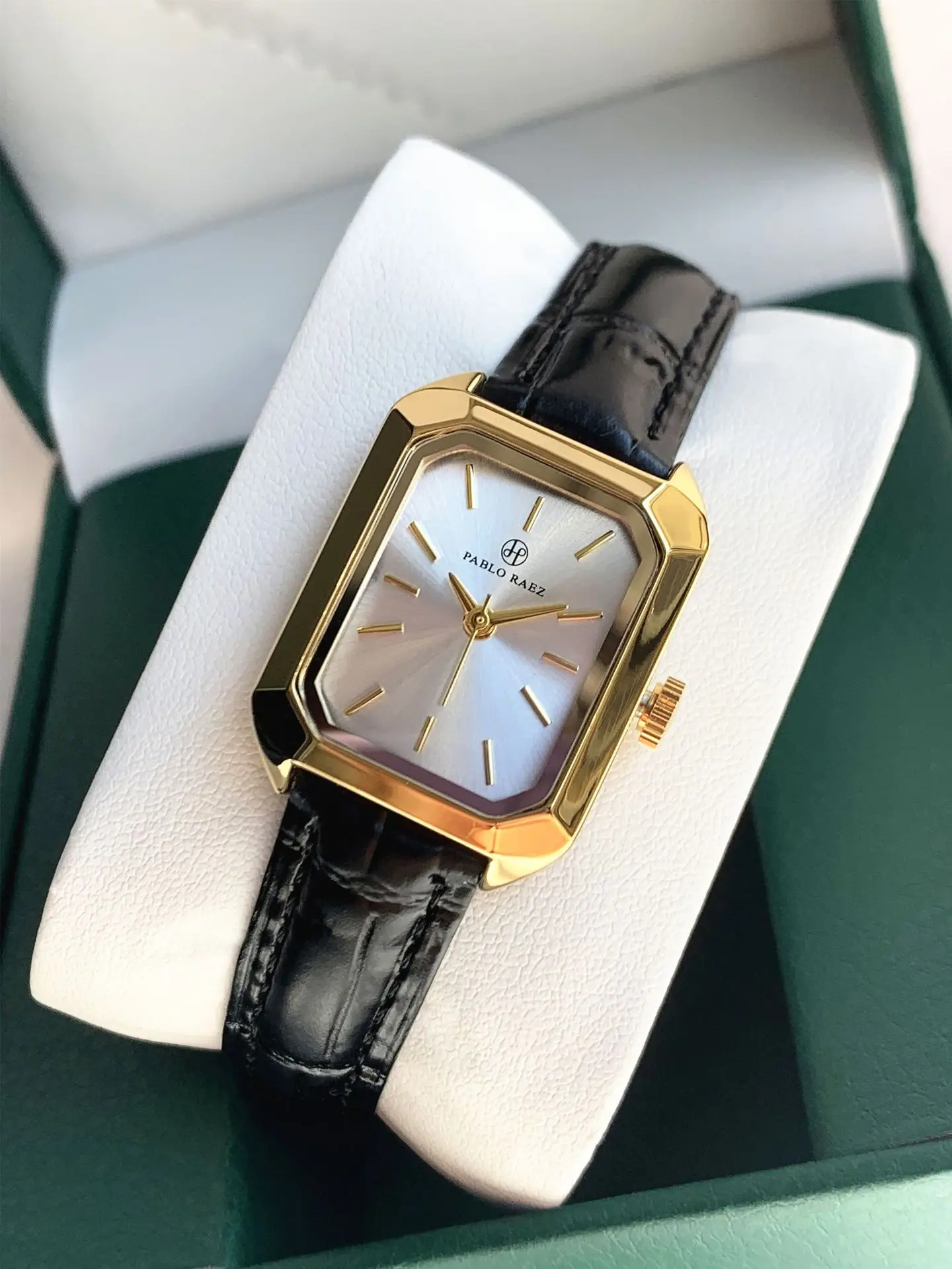 Women's Square Watch Gold Black Leather Quartz Wristwatch — feature 8