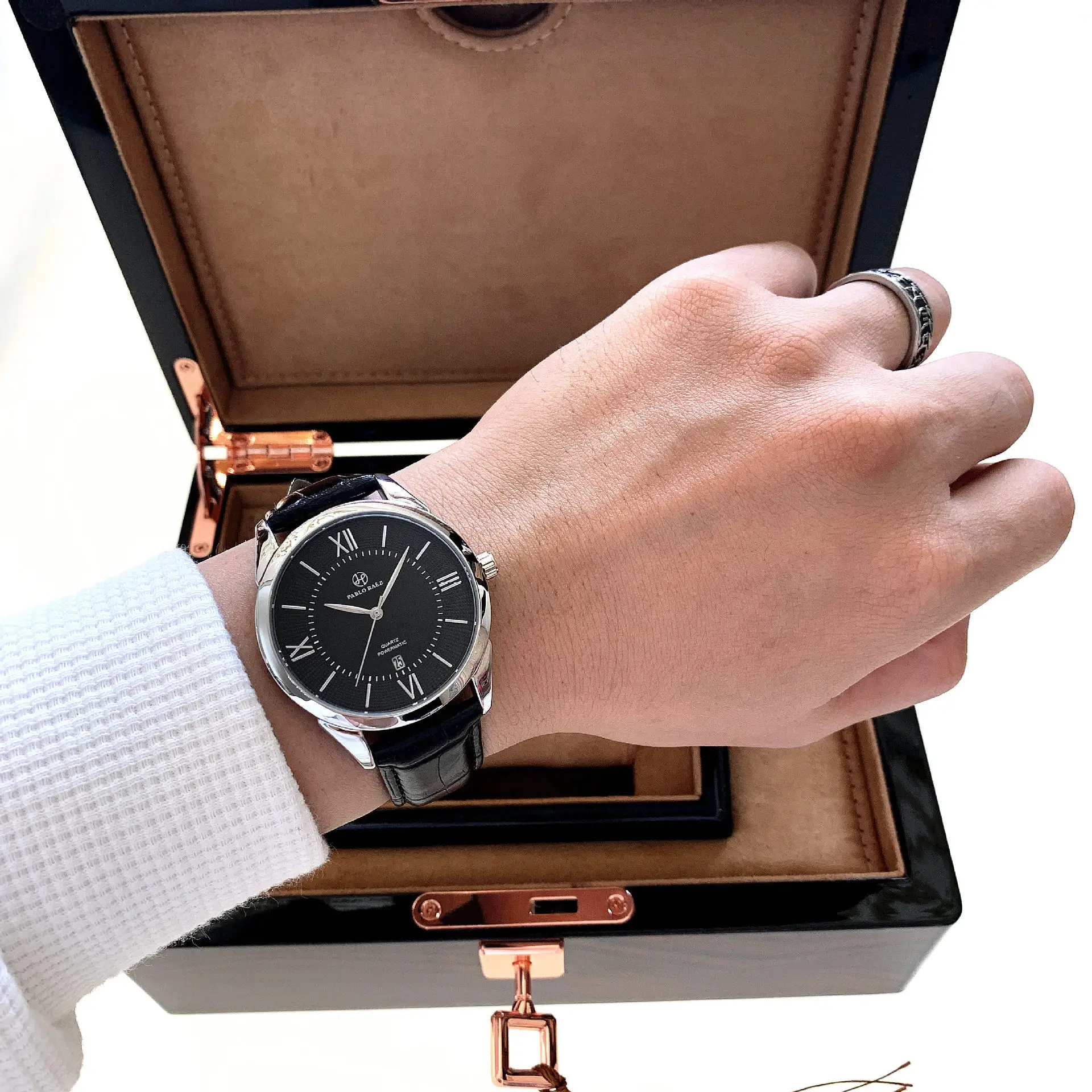 Men's Black Leather Belt Watch with Roman Numbers — feature 15